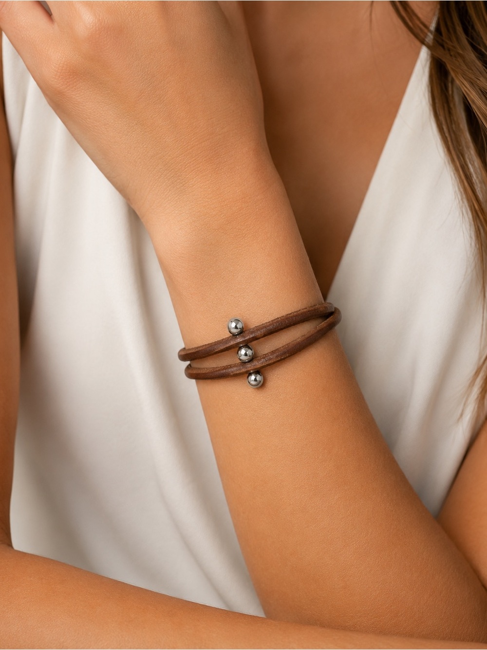 Herms Roulette Hill Brown Leather Wrap Bracelet With Silver Beads